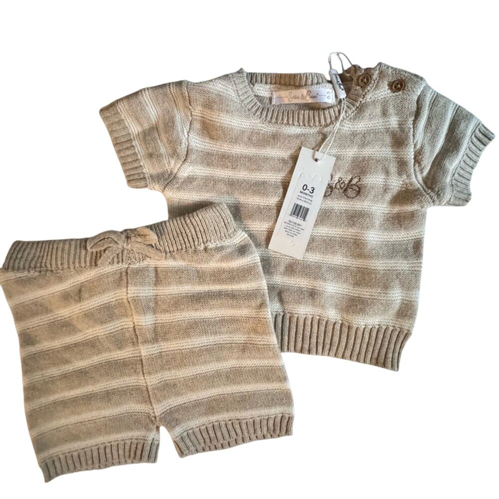 Stitch and  Bean Baby Crewneck Sweater Stripe Shorts Sweater Set Sz 0-3 NWT